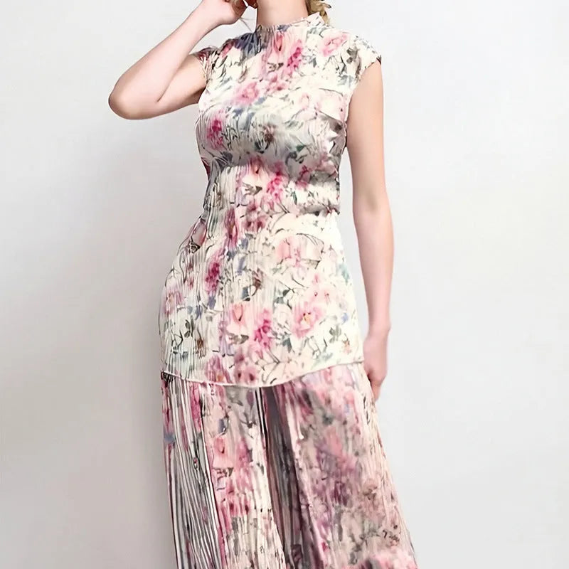 Long sleeve printed chiffon dress high waist two-piece set with matching top in picture colour.