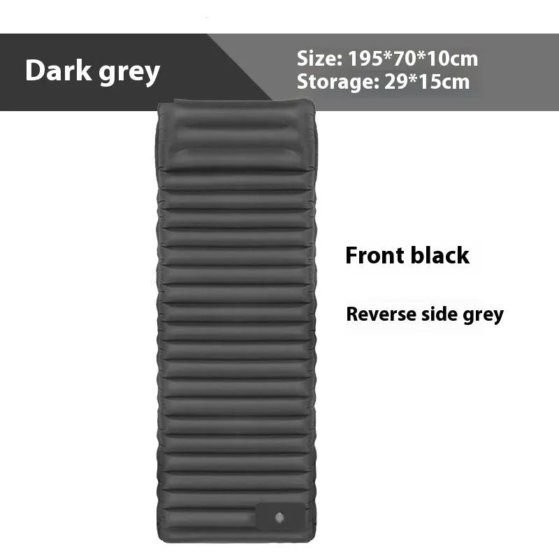 Single inflatable camping air mattress in grey, shown rolled and expanded, with integrated valve.