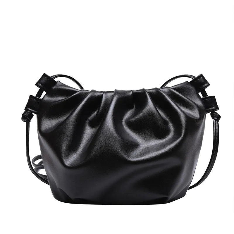 Soft PU Korean-style cloud crossbody bag with dumpling shape, pleated detail, phone pocket, and six colour options