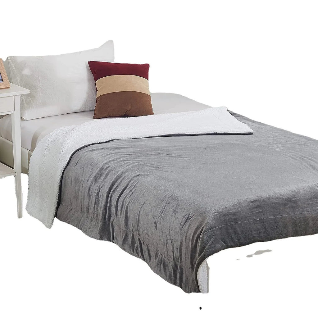 Gray and white USB electric heating blanket with intelligent temperature controls, laid flat.