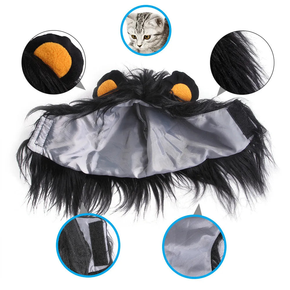 Black lion headgear costume hat on cat with elastic band fitting