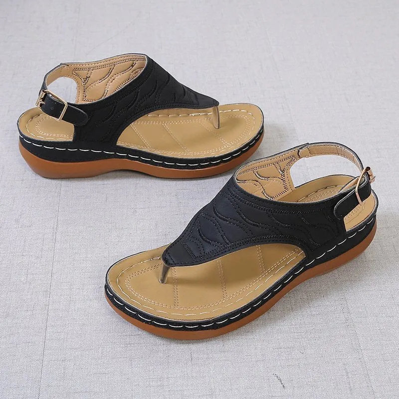 Women's red wedge heel sandals with an adjustable back strap buckle.