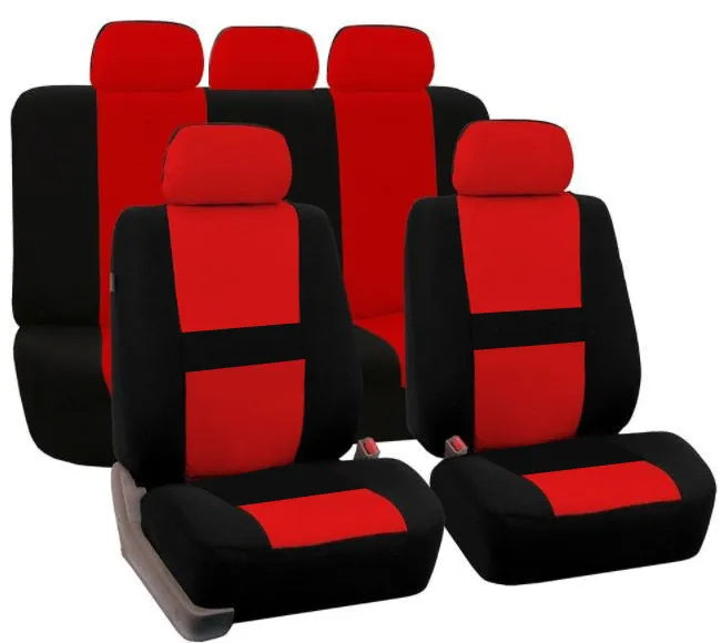 Car universal seat cover set in blue with front and rear covers and metal hooks