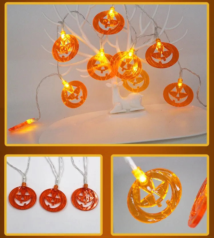 Halloween LED string lights with plastic pumpkin, ghost and bat decorations hanging on a 1.2 metre cable.