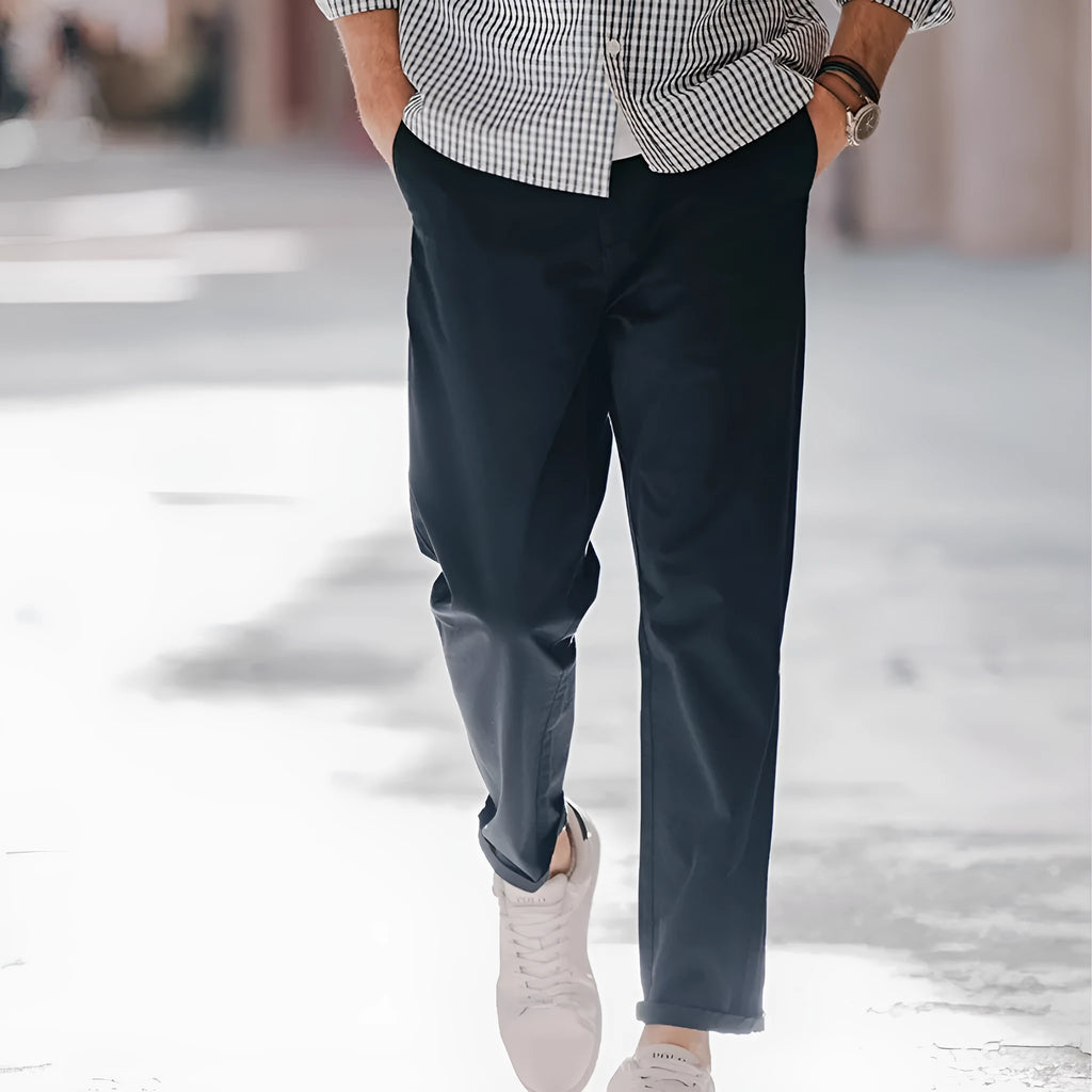 Cropped Casual Pants for Men Business Style Solid Colour Stretch Cotton 97% with 3% Spandex Mid Waist Elastic Waist Loose Fit Trousers Available in Dark Gray Black Blue Dark Khaki Light Khaki Sizes 28-36
