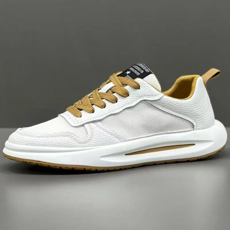 Men's breathable mesh casual shoes in white and yellow with rubber sole, size 39 to 43