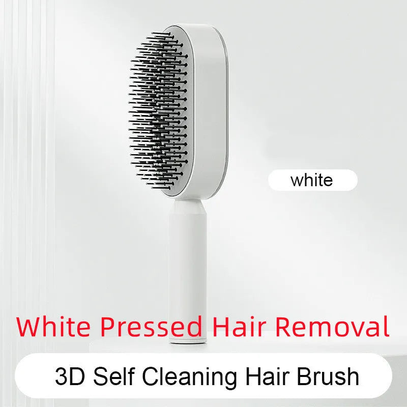 Self-cleaning air cushion hair brush in white, black gold, or black purple with ergonomic handle