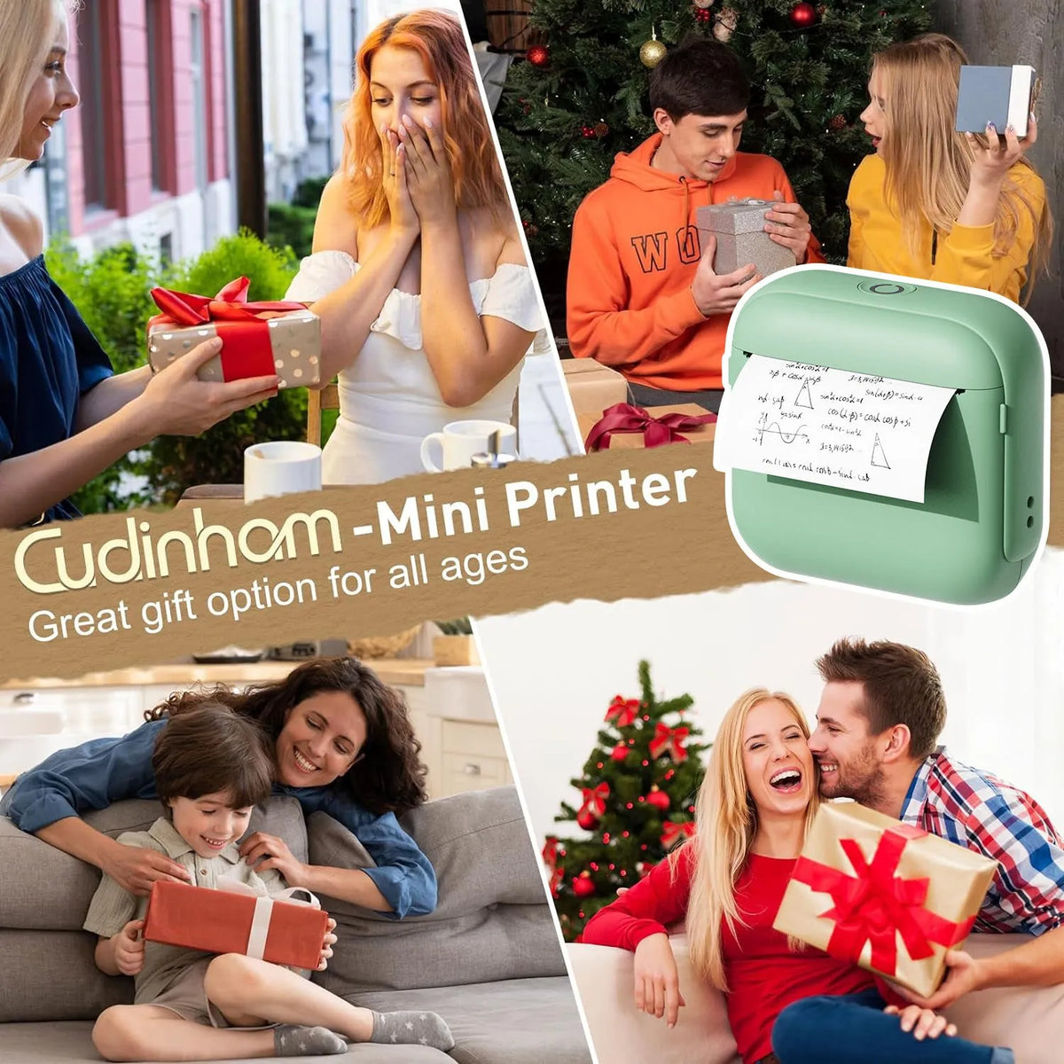 Mini Bluetooth thermal printer 85x35x80mm for household label printing, available in beige, green, or purple.