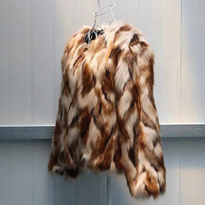 Korean slim-fitting women's faux fur coat in street fashion style on a hanger.