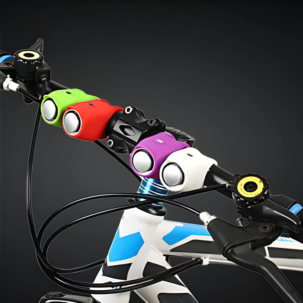 Bike electronic bell with 120dB loud horn, silicone body, IPX4 waterproof, six sound modes, in violet.