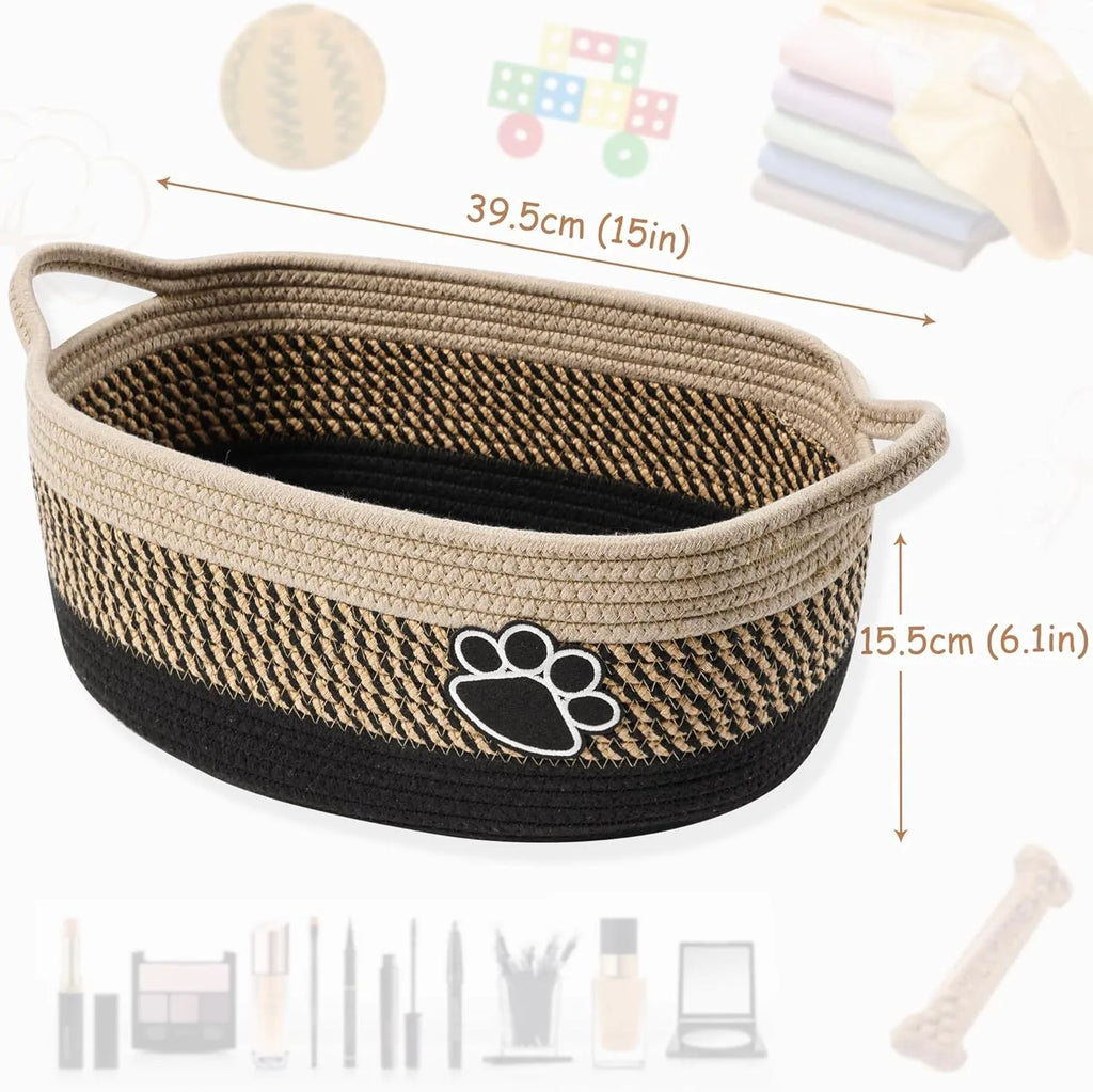 Handmade woven cotton rope storage basket with handle in light beige colour