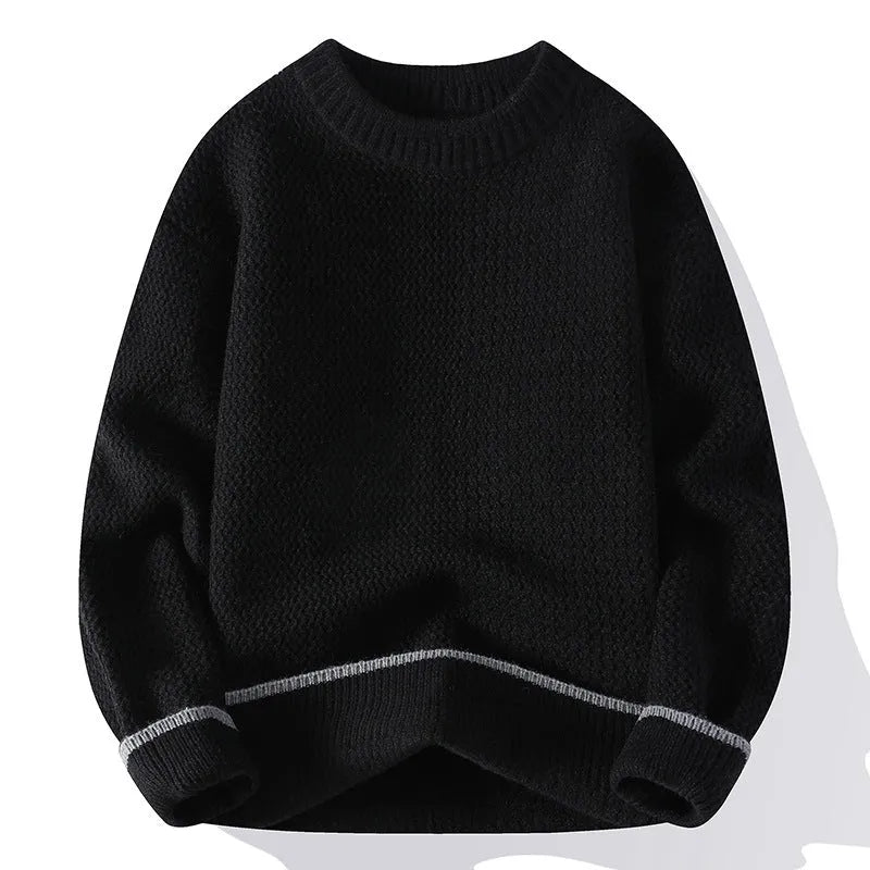 Men's loose fit round neck pullover sweater in grey, shown on a model