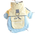 Xidao Di two-legged dog windbreaker coat in sunny yellow-blue colour on a small dog, with adjustable drawstring and D-ring.