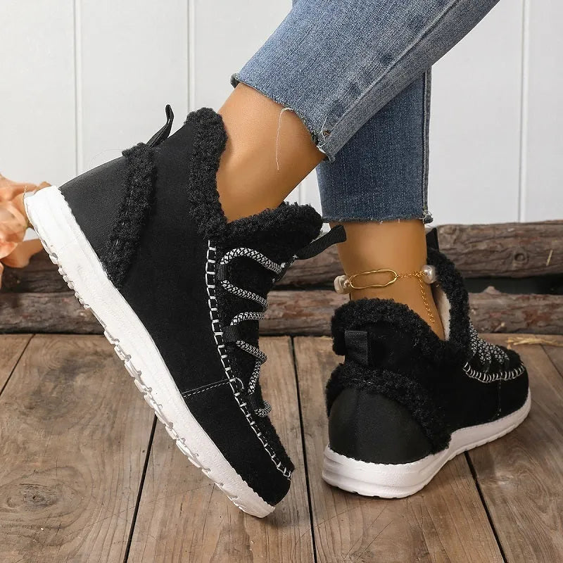 Women's mid-top snow boots in beige, black, and dark brown with cotton upper and PU sole