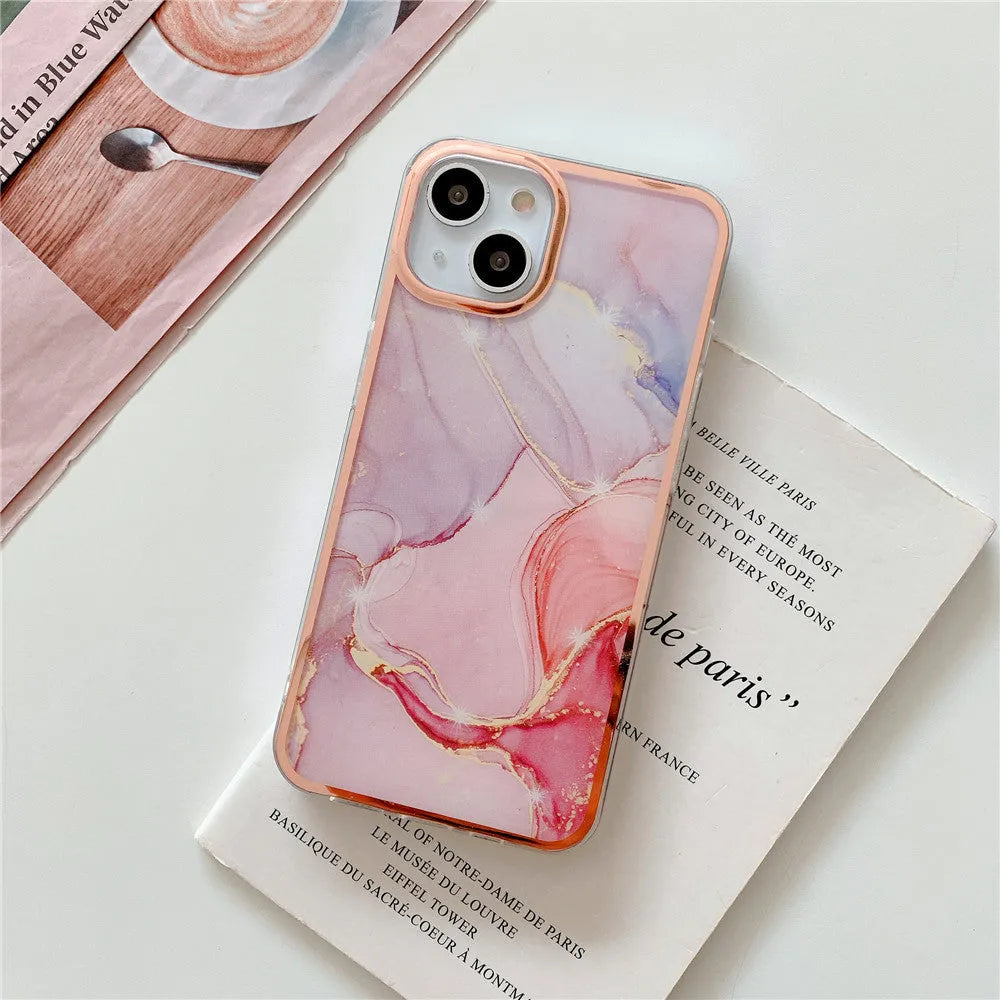 Electroplate marble phone case with mirror finish for iPhone 14 Pro, pink colour