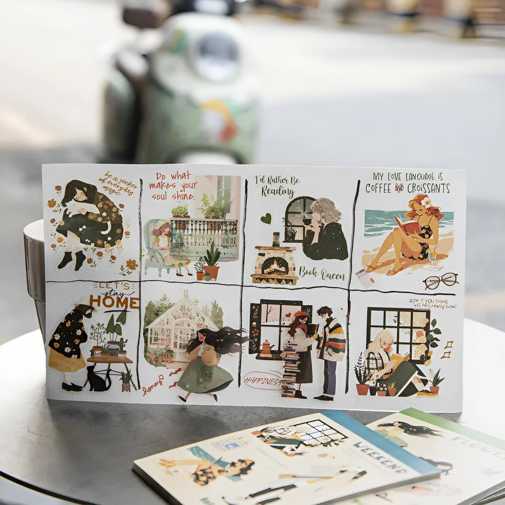 Double material retro sticker book with character and landscape printed motifs in quiet reading time style