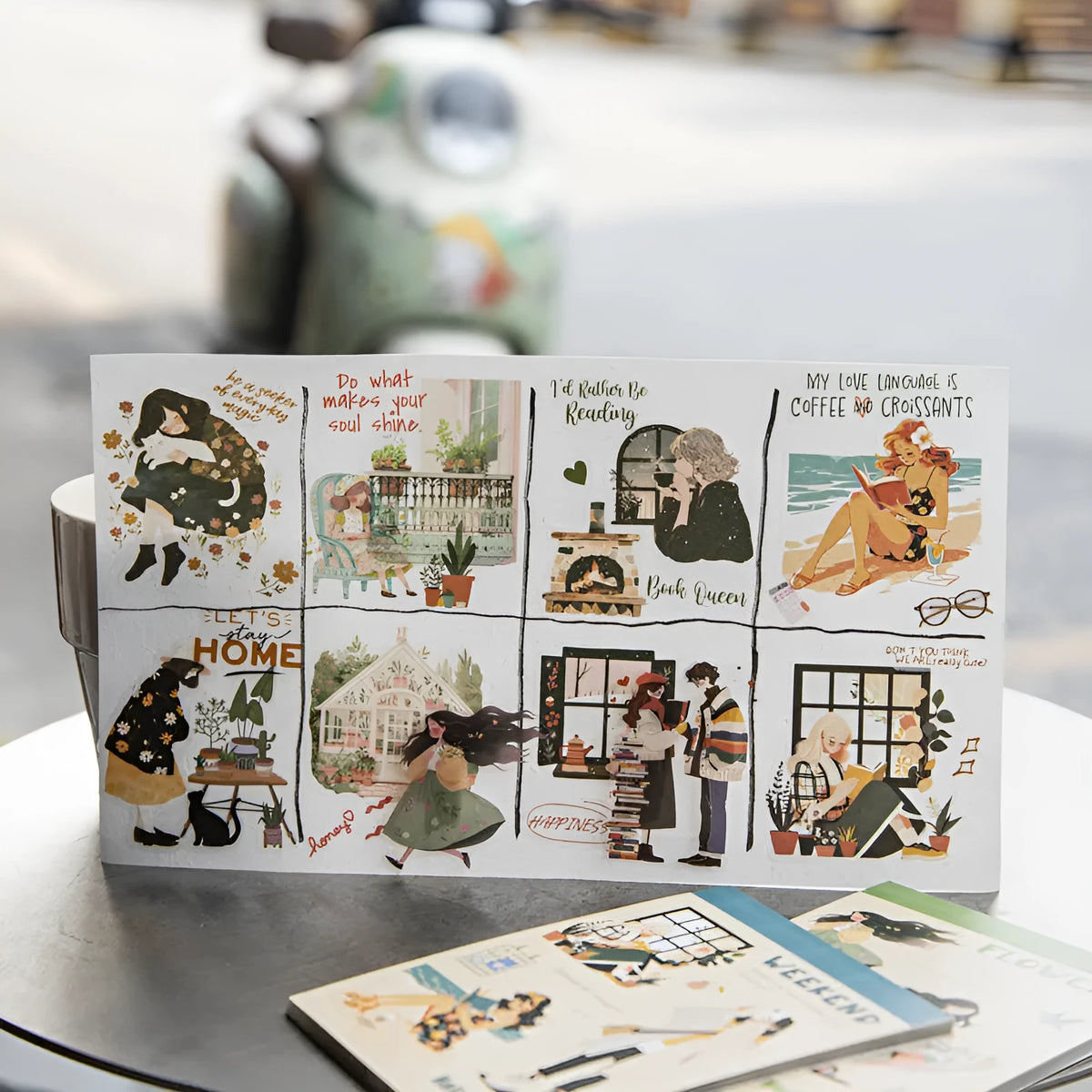 Double material retro sticker book with character and landscape printed motifs in quiet reading time style