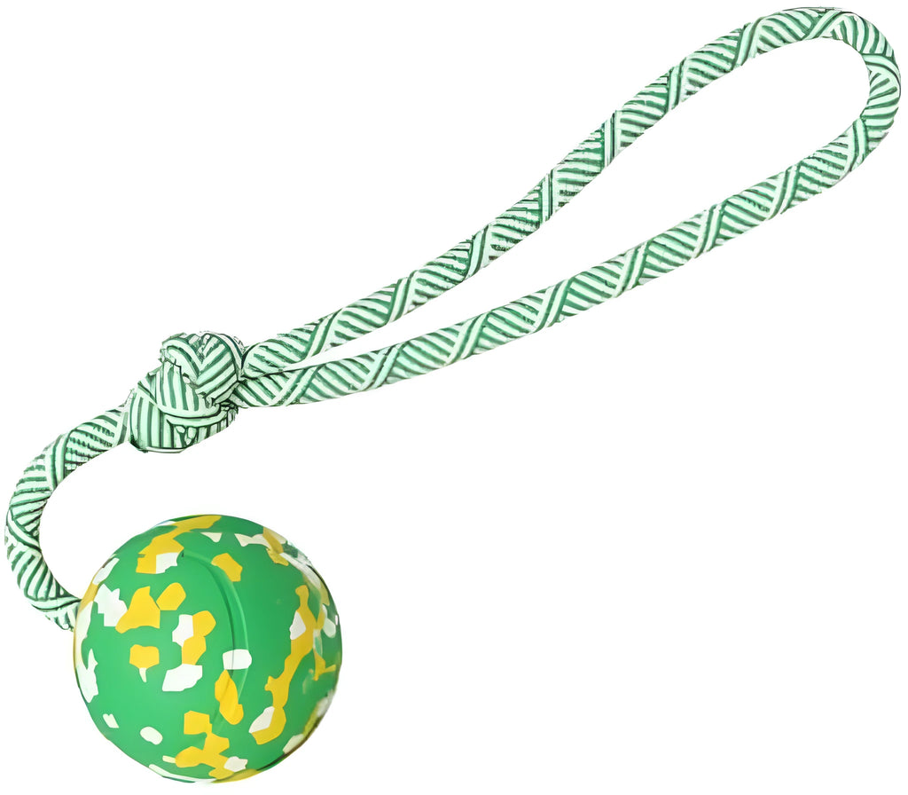 Natural rubber dog ball attached to a blue nylon rope for fetch and tug play
