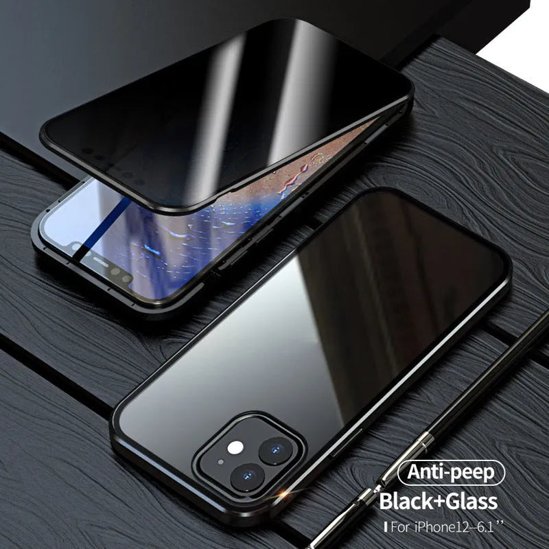 Magnetic black privacy glass phone case for iPhone showing anti-spy screen effect