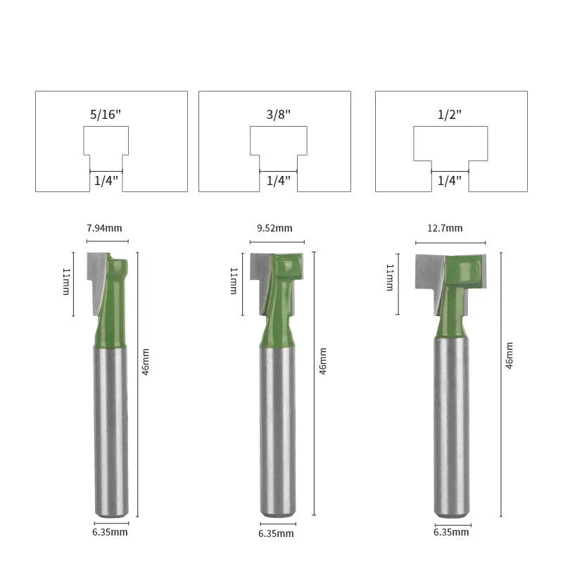 6-piece T-slot knife set with green double blade milling cutters, hard alloy HRC55 blades, 6mm to 15.9mm diameters