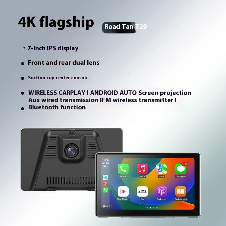 Black 7-inch wireless CarPlay dashboard camera with wide-angle lens on car windshield