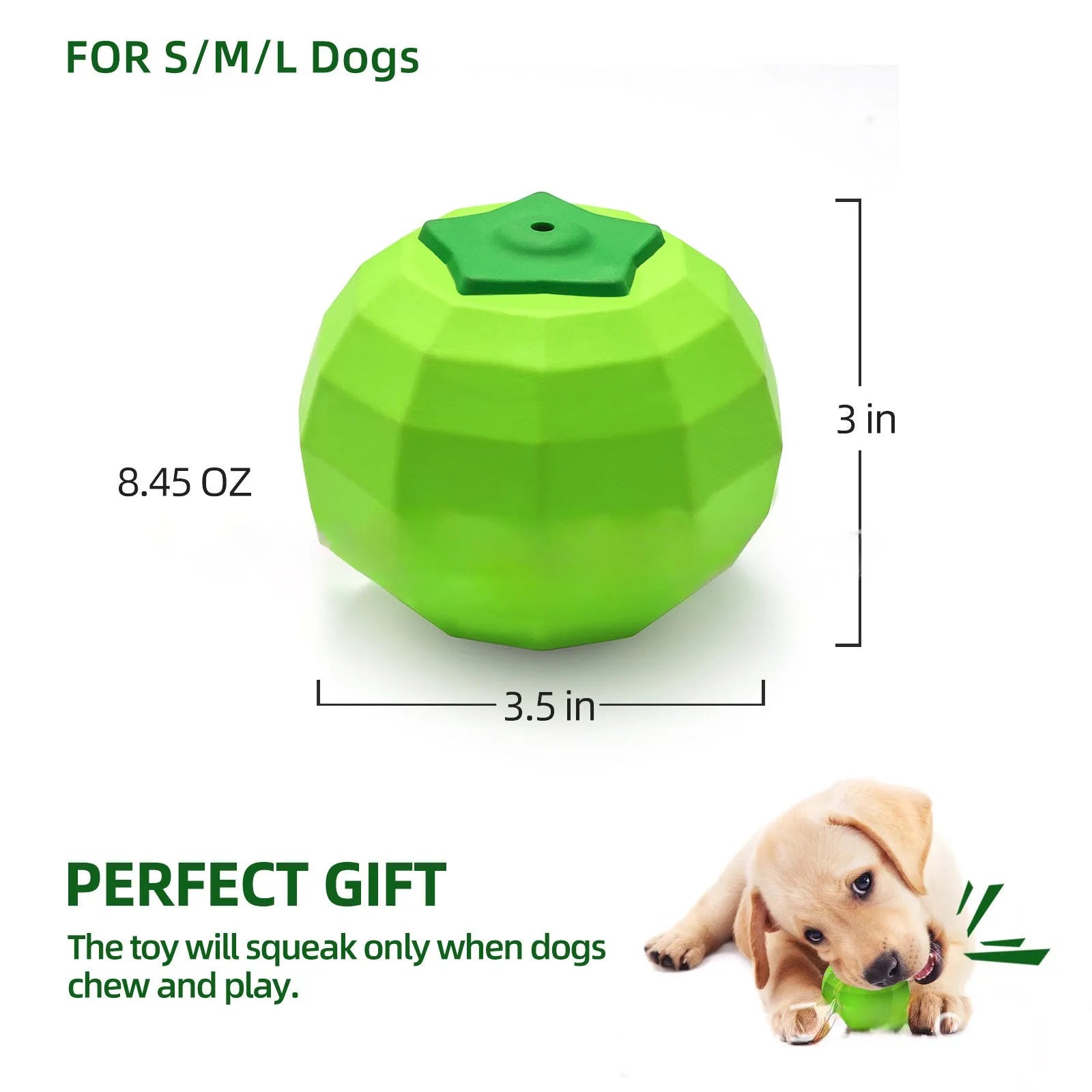 Green natural rubber dog squeaky toy ball for aggressive chewers on a white background.