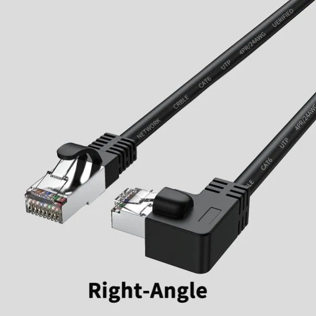 Cat6 Ethernet cable with a right-angle black RJ45 connector alongside cables in white, red, and yellow.