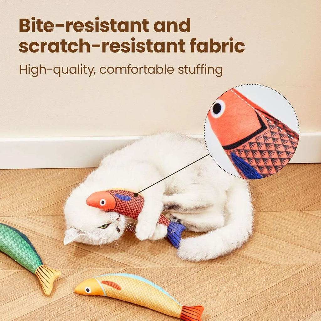 Soft plush saury fish cat toy with organic catnip filling in green, orange, and yellow colours