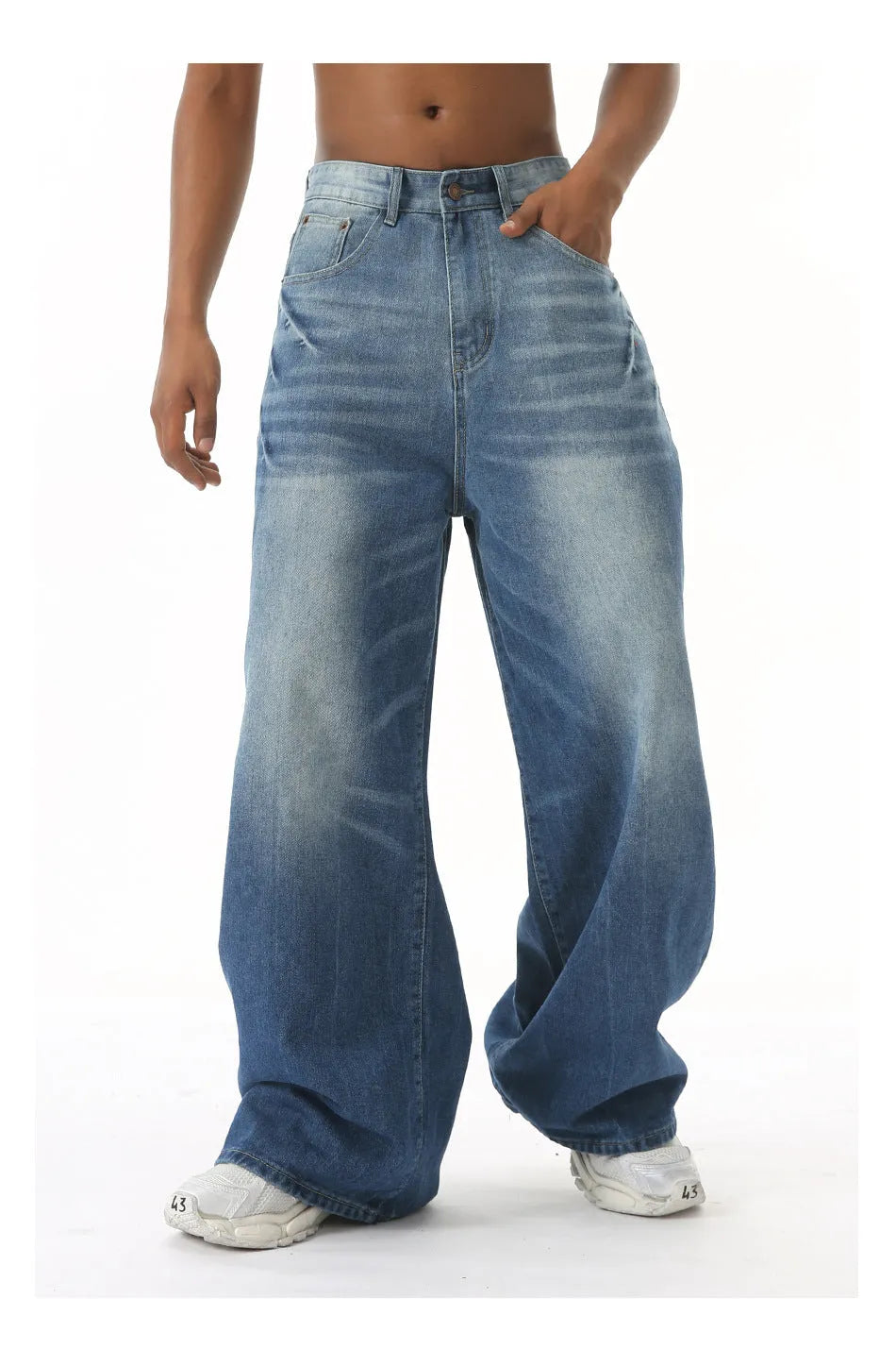 Men's retro washed light blue jeans, loose straight wide leg, mid waist, zipper fly, cotton blend