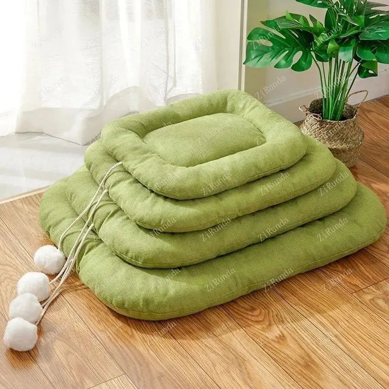 Brown Thai-style pet cooling mat shown inside a dog kennel with a small dog resting on it.