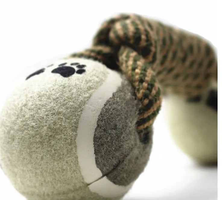 Cotton rope tennis dumbbell dog toy in khaki, 25cm long with a 6.5cm rubber ball centre