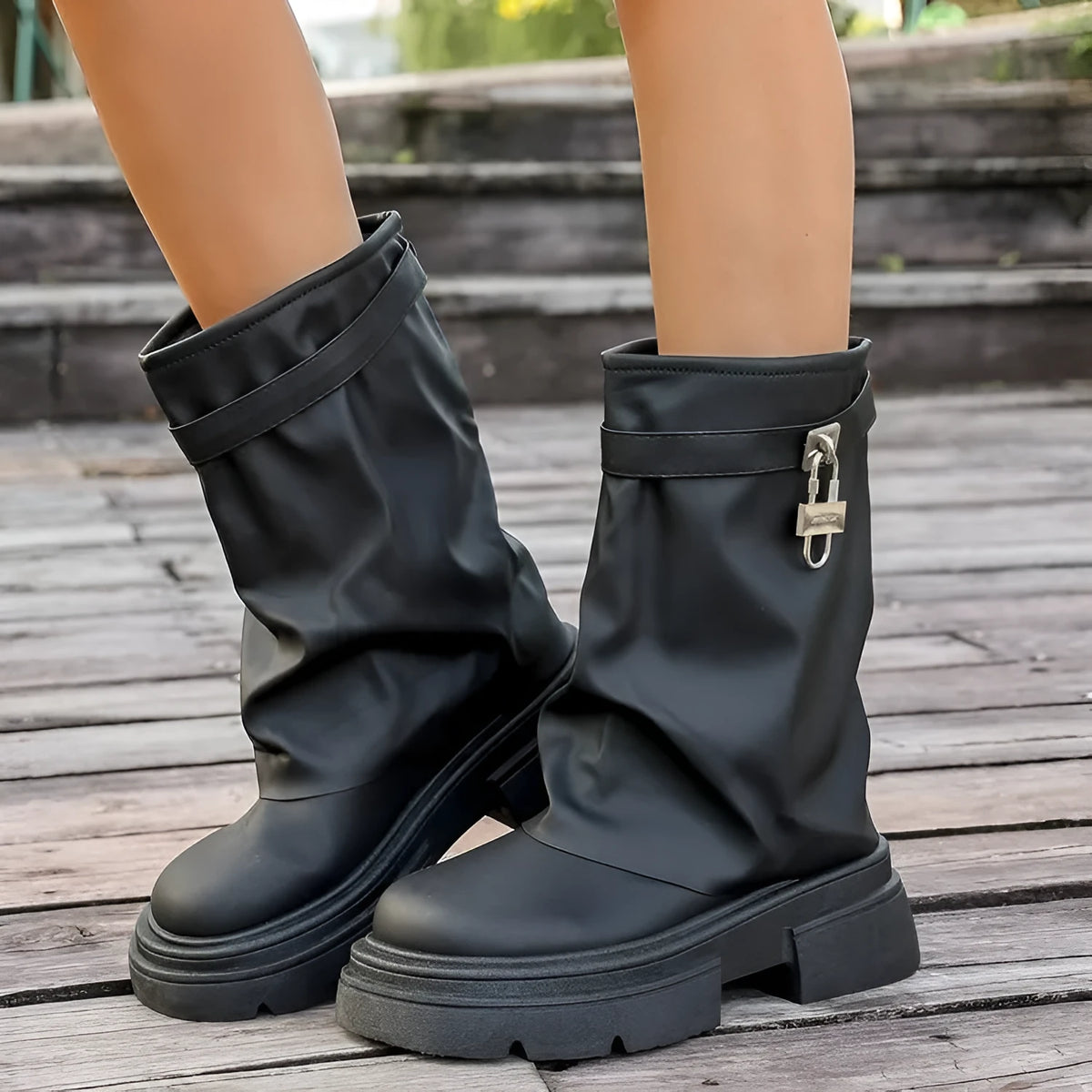 Black women's synthetic leather Martin boots with thick sole, side zipper, and round toe