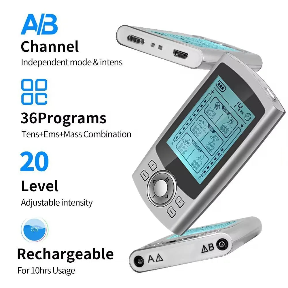 Charging Pulse USB rechargeable TENS EMS muscle stimulator with remote control in silver
