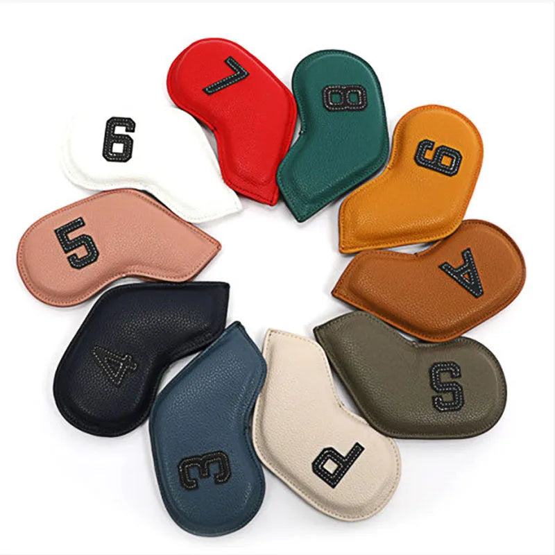 Set of 10 colourful PU leather golf club head covers with minimalist digital print designs.
