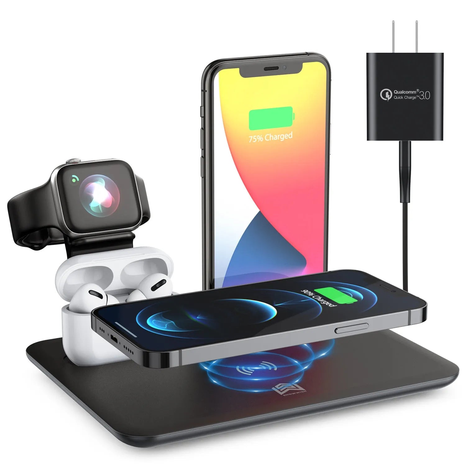 Black desktop wireless charger with phone on pad, watch and headphone cables connected.