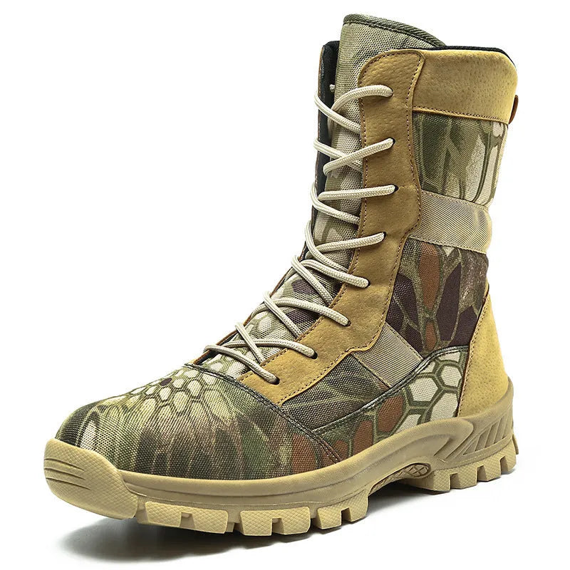 Men's black and camouflage high-top combat boots with mesh upper and totem pattern detailing