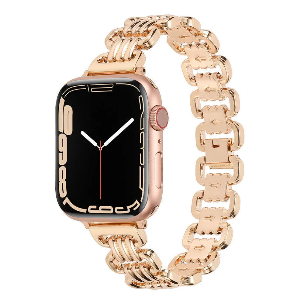Alloy metal Apple Watch bracelet in silver, black, gold, rose gold, and starlight colours on a grey background.