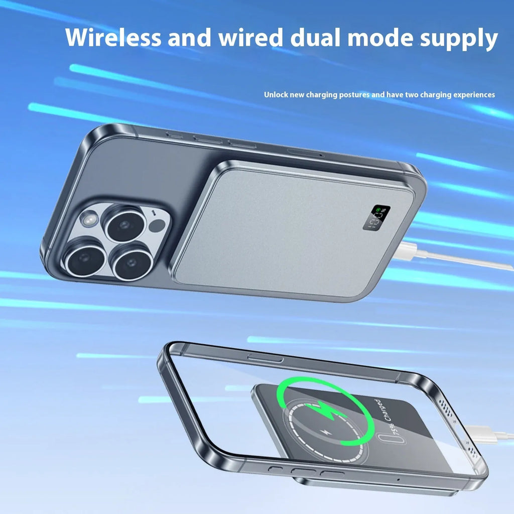 Three-in-one wireless magnetic fast charge power bank in alloy shell, 104x66x7.8mm, black gray blue purple, 5000mAh or 10000mAh