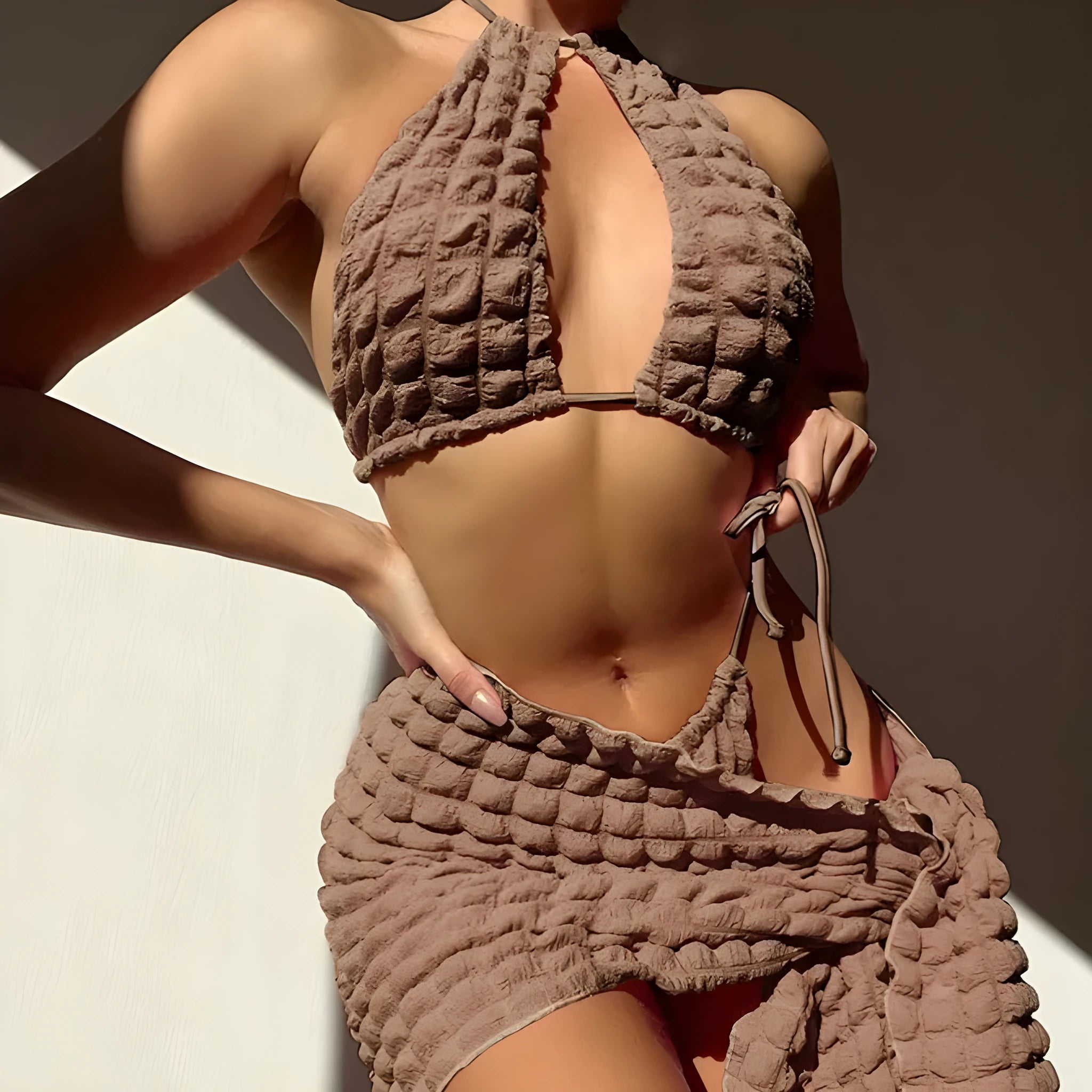 Brown seersucker lace-up women's three-piece bikini swimsuit with skirt.