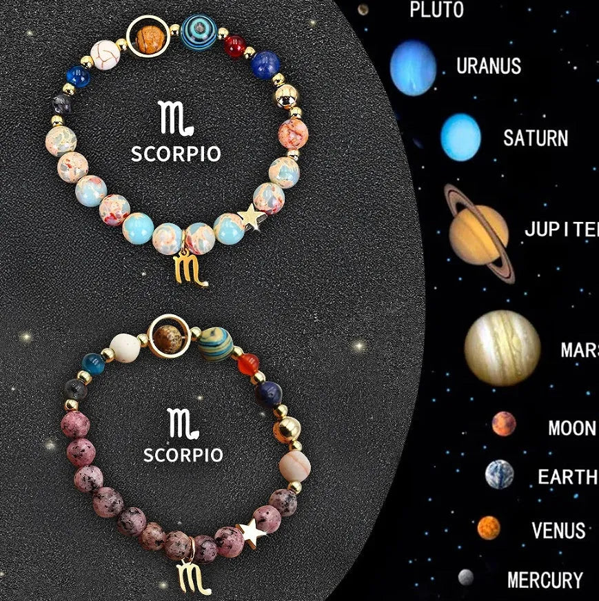 Set of twelve natural stone beaded bracelets, each showing a different zodiac sign design on an elastic cord.