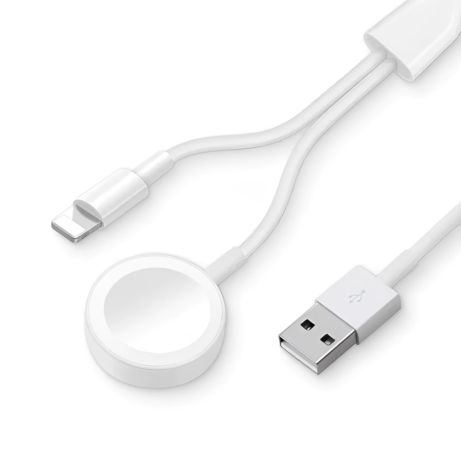 White two-in-one wireless charger with USB interface for device charging