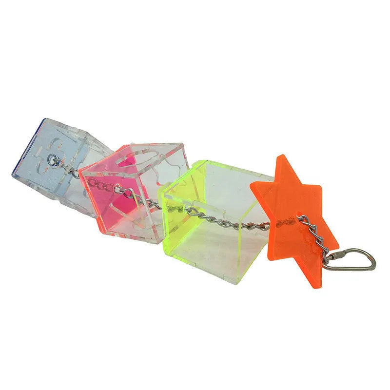 Acrylic parrot foraging toy measuring 5x5x32cm with food slots