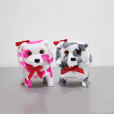 Electric musical plush dog toy in purple, walking with moving legs on a white background, 13 cm size