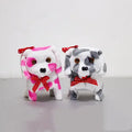 Electric musical plush dog toy in purple, walking with moving legs on a white background, 13 cm size