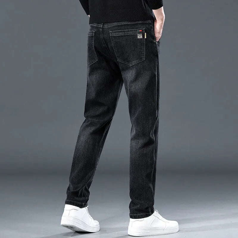 Men's slim straight casual trousers in micro-elastic polyester fabric with zipper fly closure