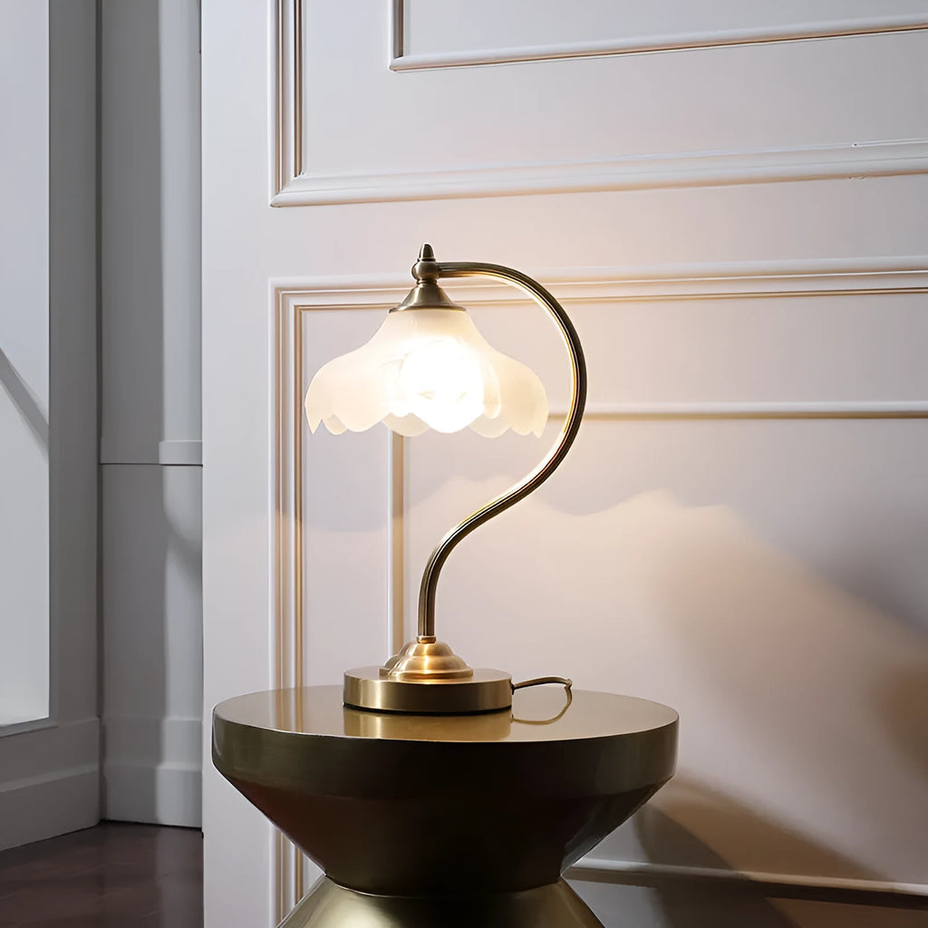 Gold copper and glass bedside lamp 23cm diameter 42cm height on table
