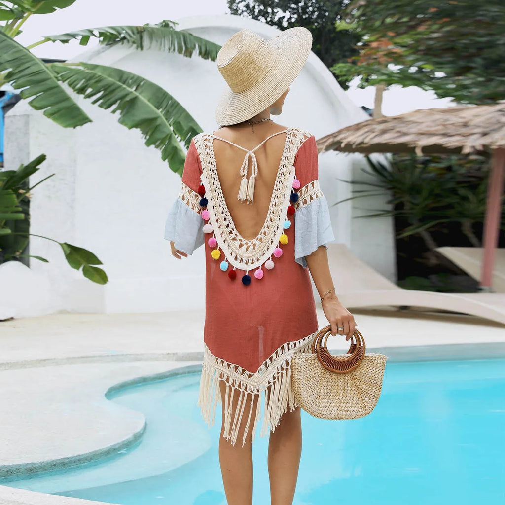 Orange floral beach overskirt with hand crochet stitching and tassels, shown with matching blouse.
