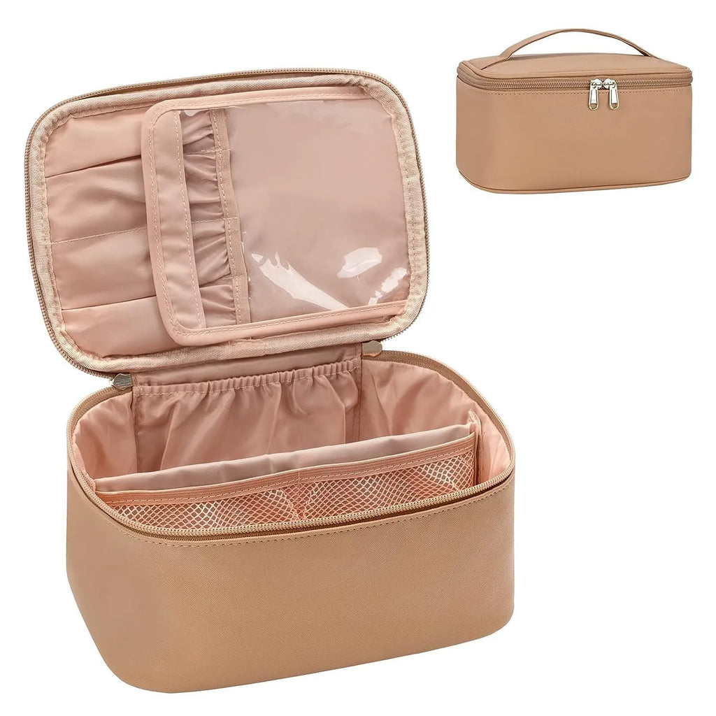 Black large capacity cotton cosmetic bag with handbag handle and nylon lining on plain background