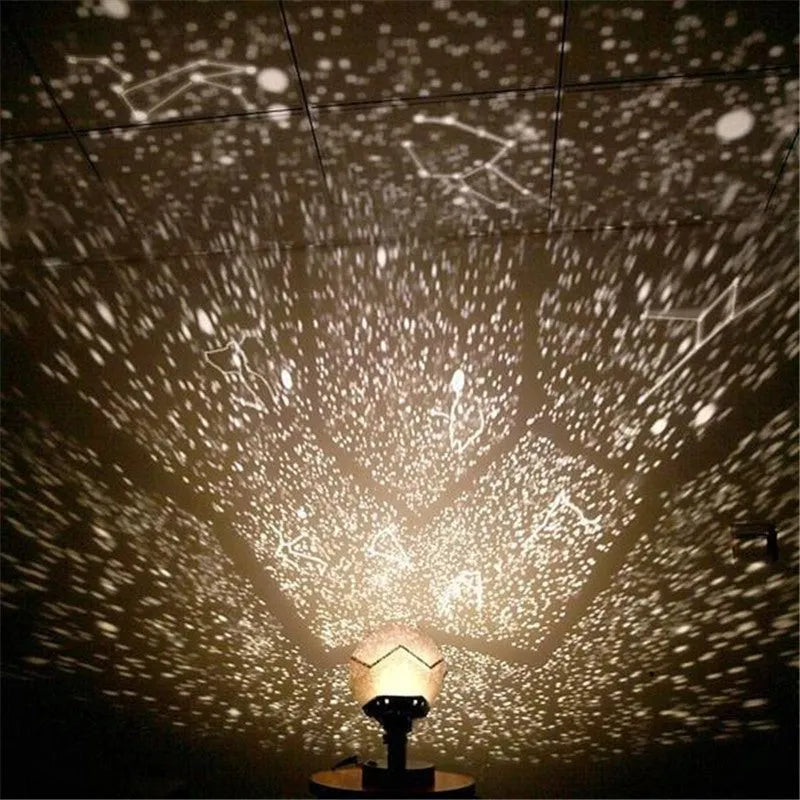 Plastic LED star projector lamp projecting blue constellations on a wall.
