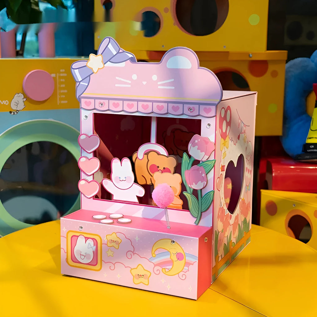 Three-in-one tulip clip cat nest crane machine in pink, Japanese style, 35x34.5x53.5cm, made from gray board and corrugated paper